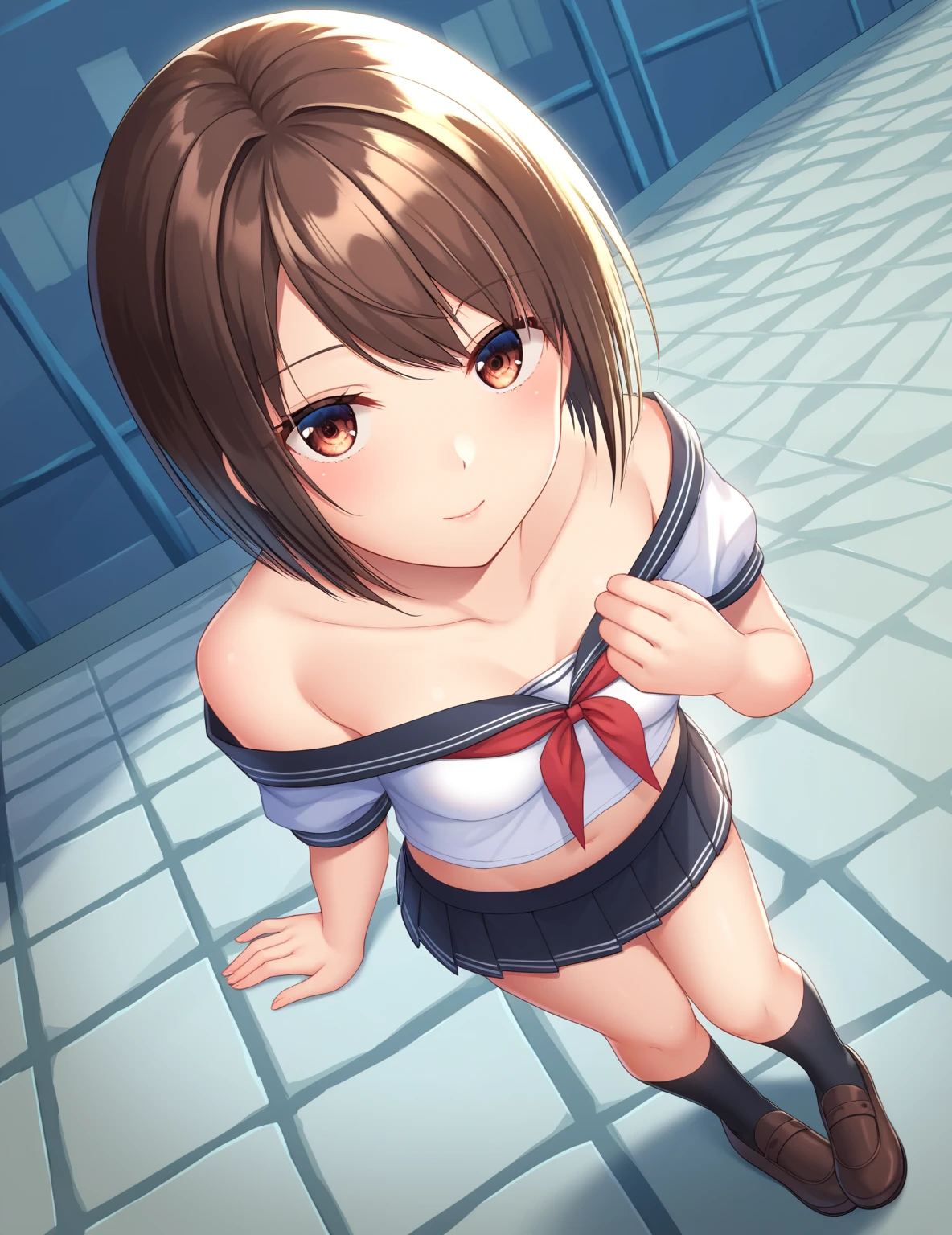 ((uniform))、(Vaginal sex:1.5)、(Beautiful Landscape)、evening、Droopy eyes、Exposed nipples、 Navy blue see-through school swimsuit, school classroom, black gal(Dark Skin:1.2)、(correction:1.1)、(short、small、small:1.2)、Cowgirl、Crouch、Leg spread、Anime artwork score_9, score_8_up, score_7_up, score_6_up, score_5_up, score_4_up, source_アニメ, BREAK, Thick outline, Thick outline, 明日香_Xl, Brown eyes, Brown Hair, ponytail, White ribbon, Red scarf, Large Breasts, BREAK, 明日香_school_clothes, skirt, White shirt, プリーツskirt, tie, Short sleeve, BREAK, squat, From the back, Striped panties, Butt,