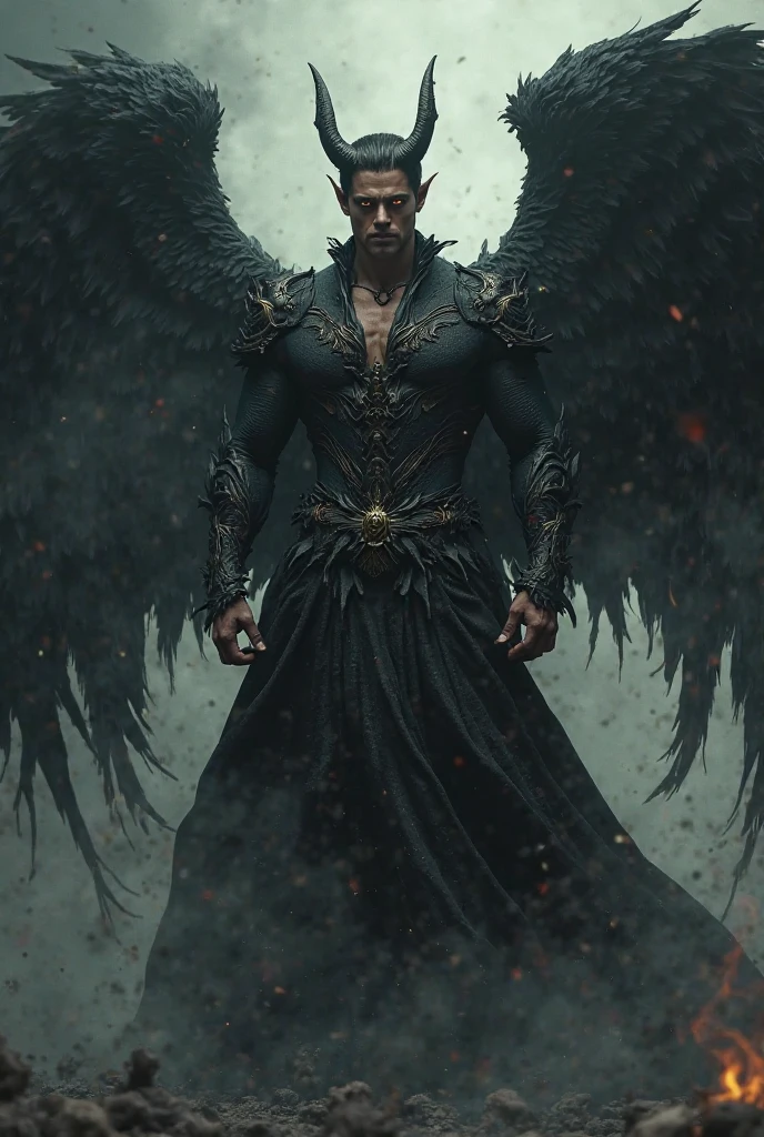 Photorealistic, ((best quality)), ((masterpiece)), (detailed), walking towards the camera, perfect face, masculine portrait , personification, (evil look), super pale skin, (massive huge majestic black angel wings:1.5), black dragon horns, 18-year-old, super male model, handsome, tall, cute looking, strong jawline, square jawline, evil look, dark look powerful, young male model, handsome mythical creature, super strong, muscular, fit, massive muscles, six pack, clean shave, light blue eyes, short dark brown wavy messy hair,short messy hair, short messy wavy hair, shirtless, barechested, muscle, ripped, strong body, fit body, ancient linen Greek small skirt, antique black linen raped cloth skirt, Dark background, 8k, high detailed, ultra-detailed, Stylish Pose, real skin texture, dark cinematic lighting, (black dark gothic cathedral ruins:1.4), ruins, fire, flooded