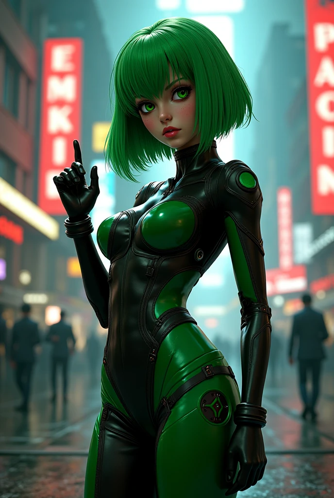 An 18-year-old woman anthropomorphized from a transparent, green slime.、The face is green、All green、She's wearing a sexier, more revealing black and silver version.)), Big Breasts, Toned body, (Background explosion、Ruined city), Style - BladeRunner2049-8v Complex, High detail, Sharp focus, dramatic, ((Realistic))