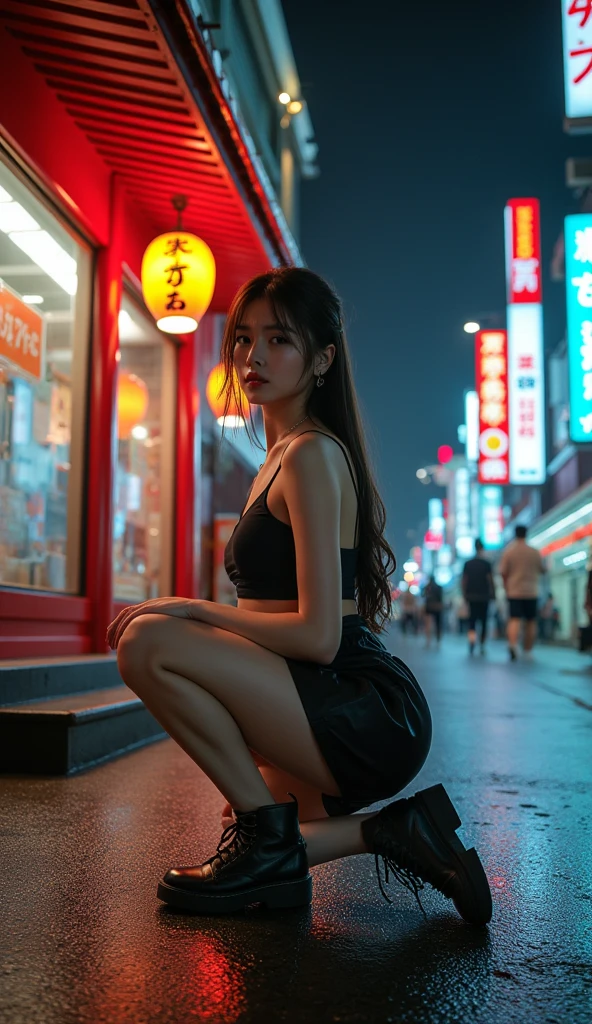 Ground View,from bottom,under feet,giant girl 50 feet high,Have a pair of ultra long legs,((bend down)),looming,a pair of huge breasts,high school student,mini skirt,black long hair,Wearing a pair of Mary Jane heels,standing in Shanghai,Beautiful appearance,Exquisite makeup,quality,8k,High quality,(governor:1.5),Perfect proportion, Cinema lighting,film grain,Fuji colors,8k,textured skin,Super details,high detail,high quality,high resolution