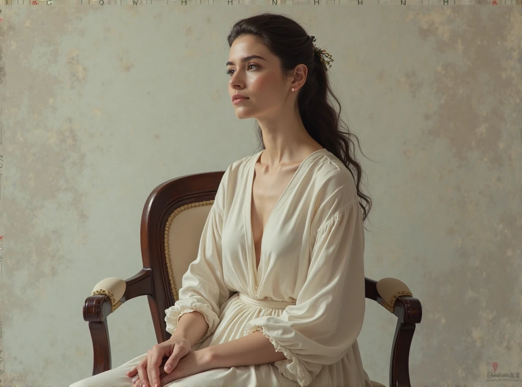 her name is Elle, high quality, 1girl, ((20-year-old fit Caucasian woman)), ((20 years old)), ((fit)), ((pale skin)), Beachy Waves dark hair , wearing Ivory Lace High-Neck Blouse + High-Waisted Wide-Leg Trousers, pose: standing, background: In the Uffizi Gallery, you move from room to room, each filled with Renaissance masterpieces. You find yourself captivated by Botticelli’s "The Birth of Venus." The soft whispers of other visitors and the scent of old varnish and polished wood fill the air, enhancing the gallery's historic charm.