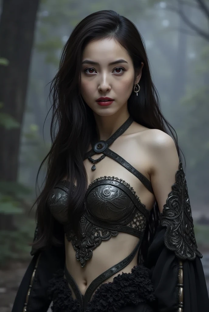 A long black straight hair、Asian girl with big breasts poses handsomely,There is an eye on the forehead,Holding a three-pointed double-edged spear,Took a realistic photo