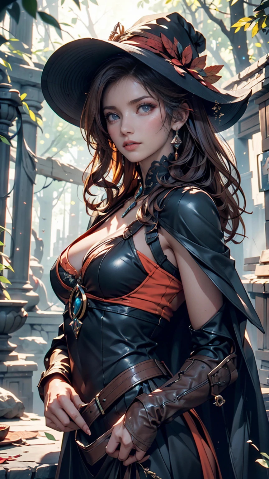 1 cute girl (18yo) , upper body, slim waist, natural medium breast, sexy pose, happy face, bangs, random hairstyle, cleavage,, , seductive smile, wear intricately detail witch outfit, witch costume, wear unique helmet, brown color, upper body. flat gray color for background