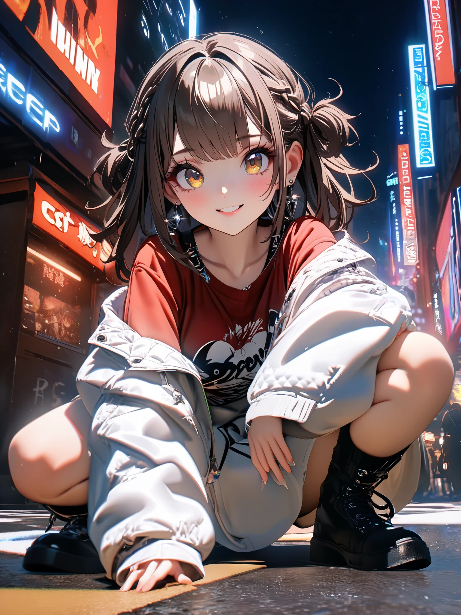 1 girl, 露骨にcuteメイクを着ています , beautiful 、 position , Soft light, masterpiece , high quality straw , complicated , tone mapping , Chukyo Racecourse . Charterner v2 , , clear focus , A light shines in my chest , Very cinematic, super Practical painting, Art Stationでトレンド, 8k, cute, stylish , warm winter clothes , Practical, Full Body, View, Viewers, Portrait of a Girl 1, cute warm winter clothes on a street corner , Heavy rain and thunder、dark sky, neon and cyber punk background, she is dressed in punk clothing with silver chains and silver spikes, Her hair is dyed brown ..........Ominous aura of light, smile, punk, ciber punk, Backlight. : for me 、 Great style . Breasts are slightly larger . beautifulオレンジの目 .24 years old.mature looks and makeup.I'm wearing a stylish white dress.red jersey top and bottom.cute angel earrings