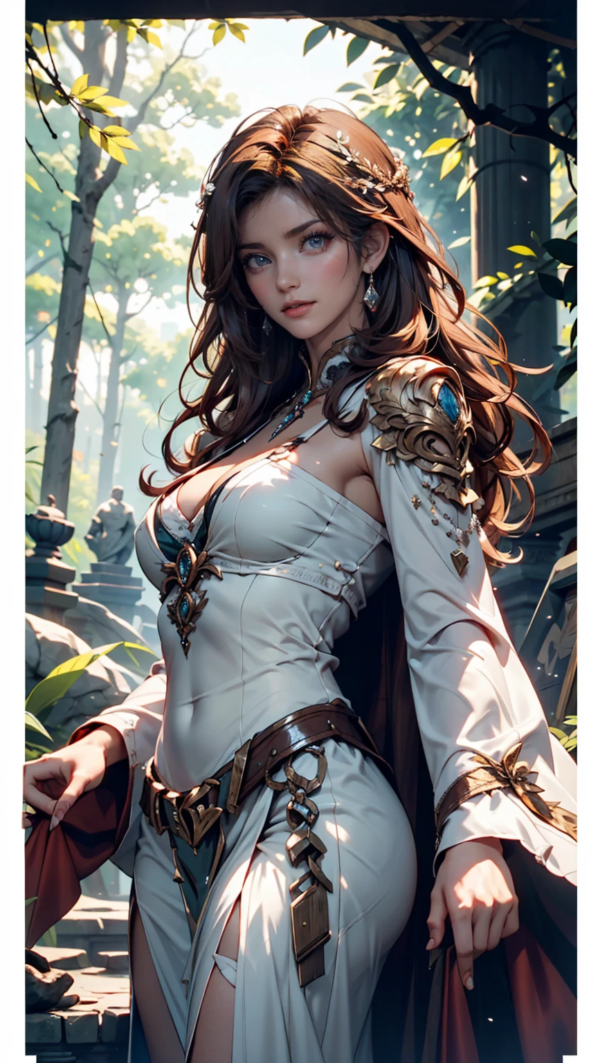 Stunningly airy baby slay, brown eyes, her figure is elegantly draped in a flowing summer dress, shimmering in the sun. The fabric, shimmering with delicate pastel shades, gently flutters in the warm breeze, and golden curls flow down her back like liquid sunlight. This exquisite portrait conveys her beauty with a touch of fairy-tale wonder, almost like a painting brought to life in a surreally vivid photograph.