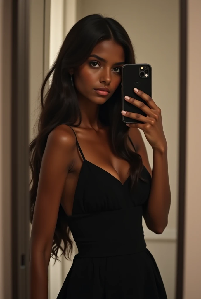 darkskin ebony 1girl, mirror selfie photo with phone full body shot hyper realistic curly long black hair mirror photos 8k ultra hd naked nsfw