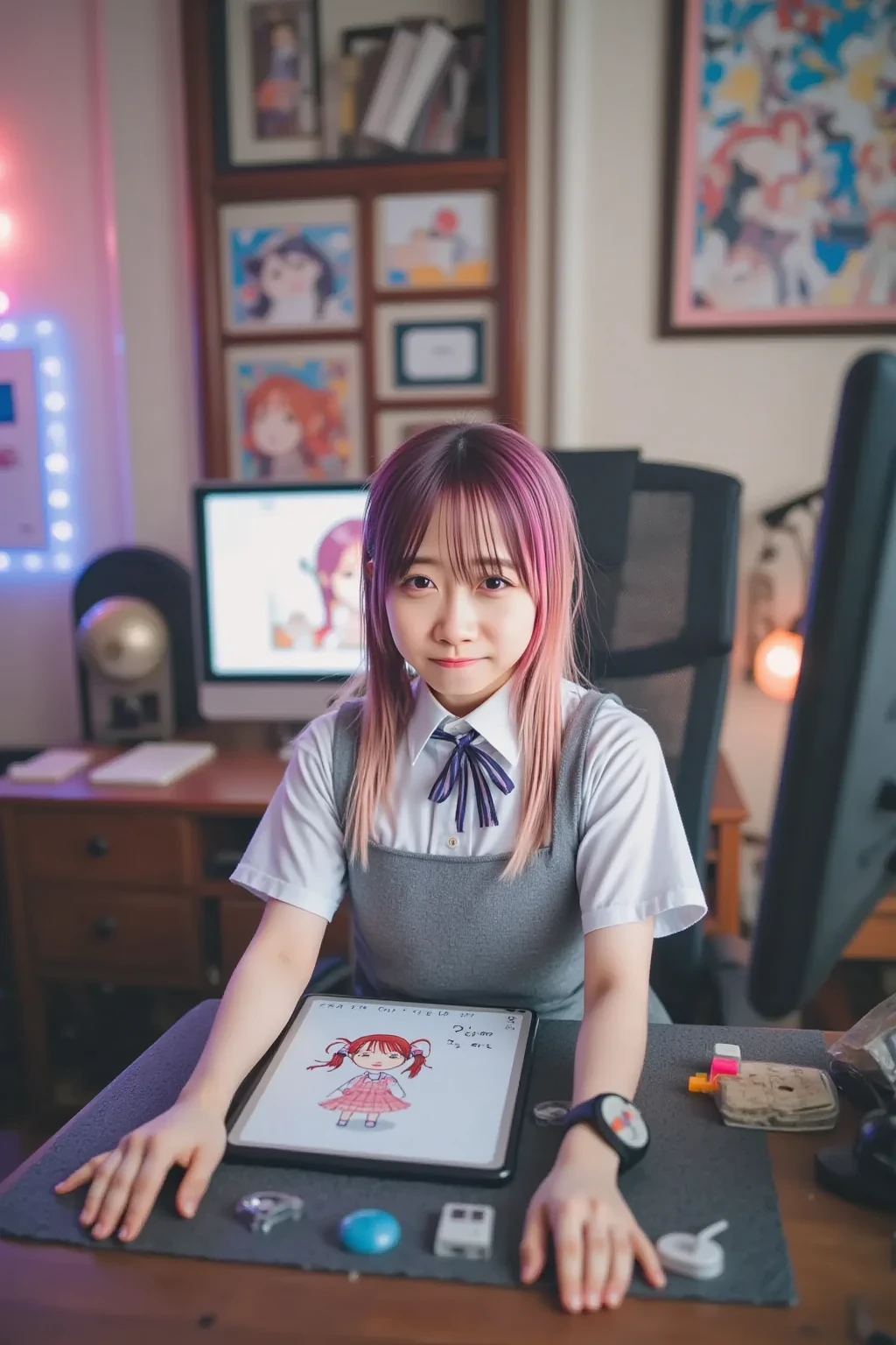 anime woman, as artist wear sweeter, pink hair in room full with paint, working on painting. she is painting a painting. clear face, perfect proportion, perfect anatomy, perfect hand, mid shot