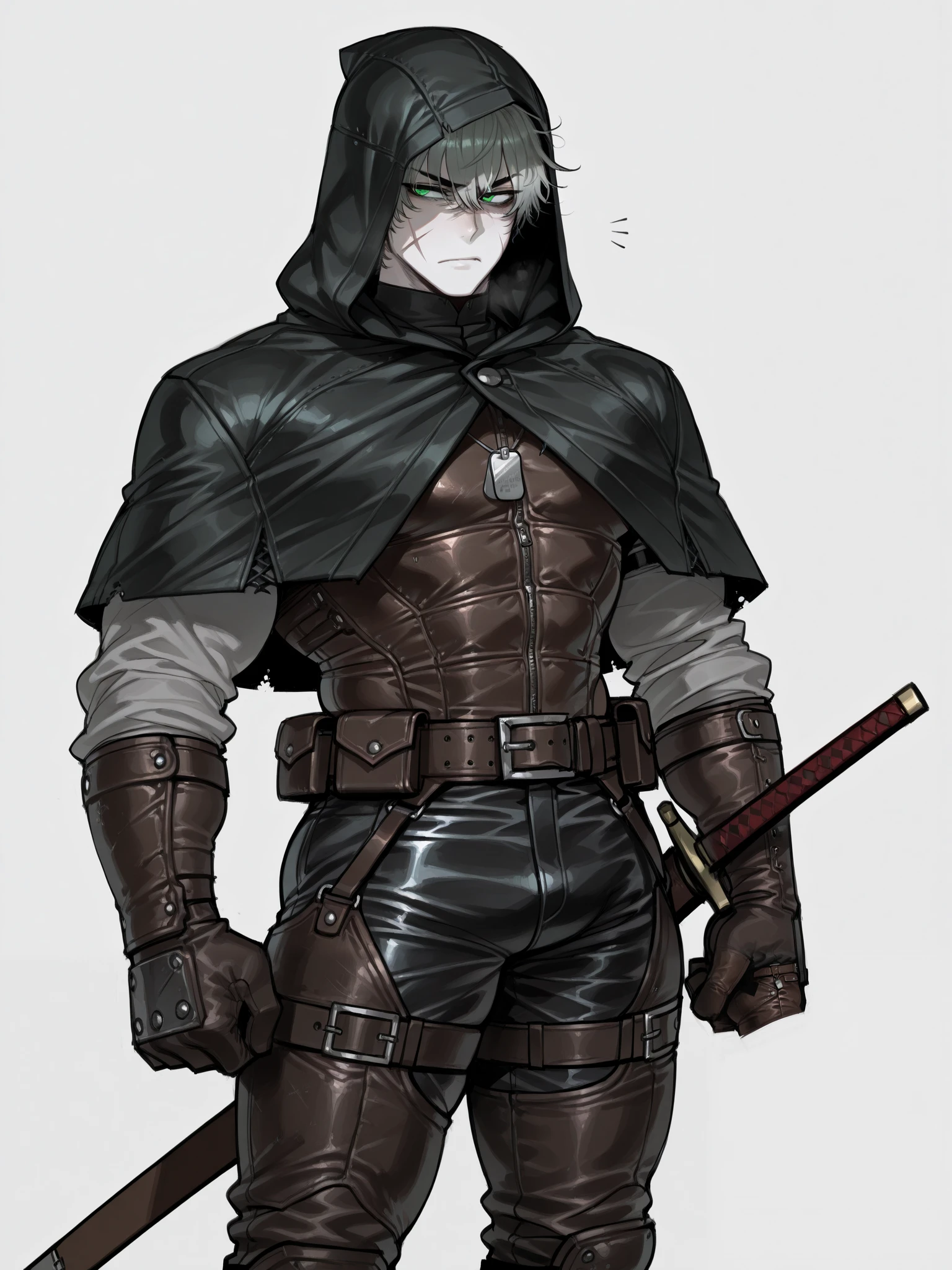 ((ratatatat74)), ((1 boy)), ((male)), ((tall)), adult, fair_skin, white_skin, athletic and muscular build, slender, short disheveled gray hair, (green_eyes), tareme, detail_eyes, black hooded cloak, sharp and defined features, focused and serious expression, scar_across_chin, ((Veterans Leather Armour)), harness, tactical belt, leather pants, leather gloves, boots, rugged and practical, sturdy design, anime style, soldier dog tag, (sword on waist belt), ((sheathed)), (masterpiece), simple background, ((cowboy_shot))