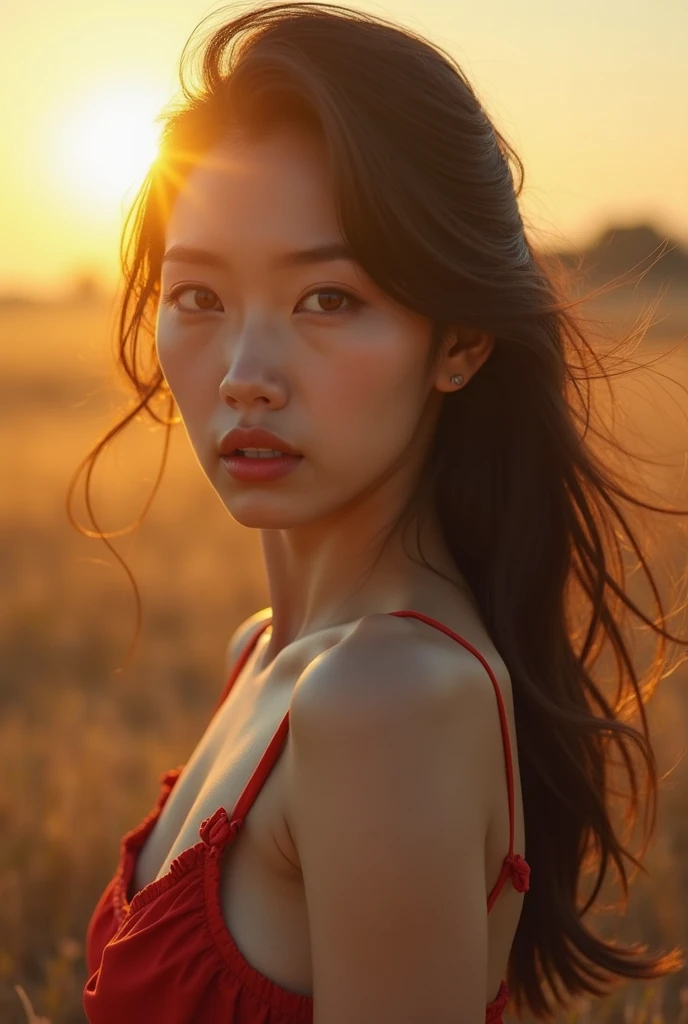 (Best quality, 8k, 32k, Masterpiece, UHD:1.2), NSFW, Big naked size 5 of a Japanese girl, Maxi Dress, no bra, outdoor, sunset, well-lit face, high speed sync lighting, one light set up