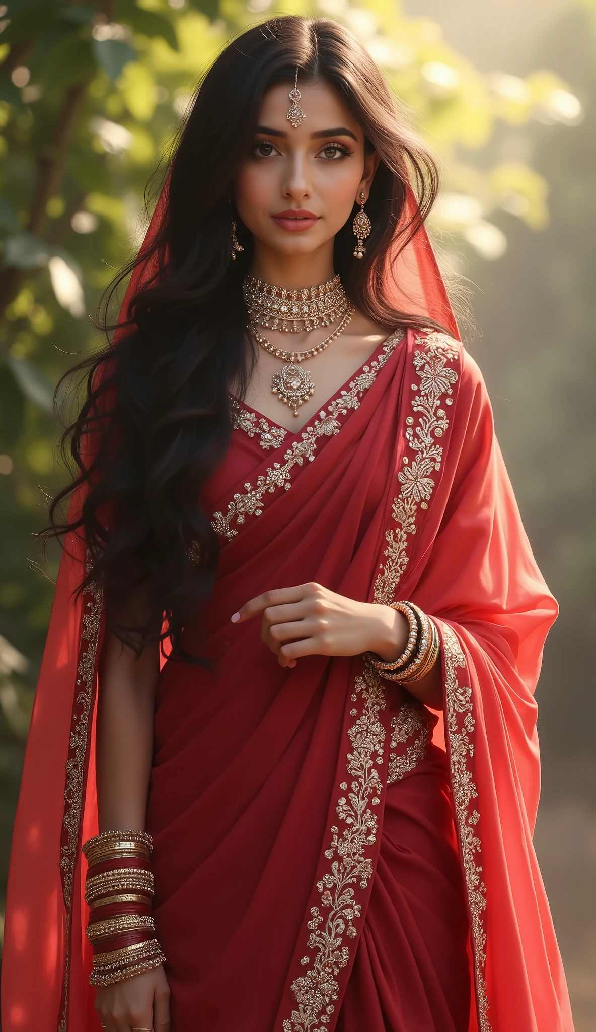 Digital painting,A stunning beautiful indian girl,pinkish white skin,glossy,wearing intricate red sari,long black hair,maroon farshi lehnga with long length shirt for short height bride ,luxuries indian bridal dress,light flowing fabric cover her head,light bokeh,green garden,white fog,front view,sparkling,dreamy,full body