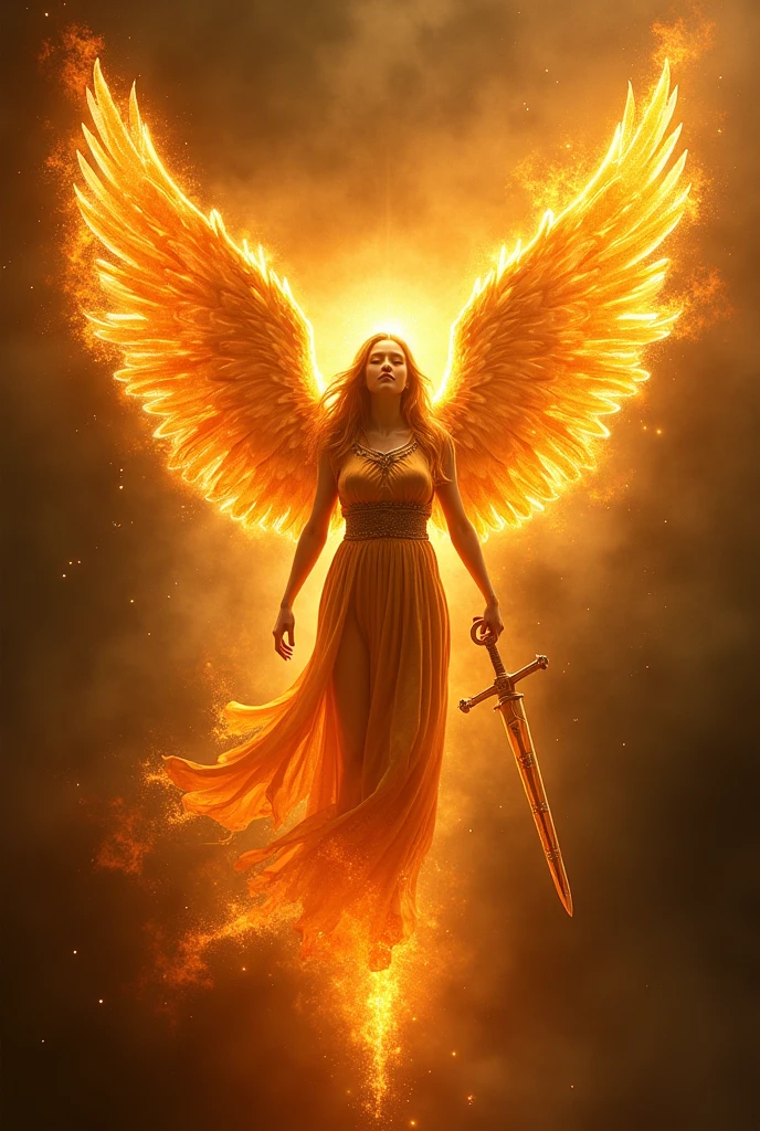 15 year old girl, blonde very long straight hair, PORTRAIT CLOSEUP STYLE, with fire wings in front of a black background, with burning golden wings of flame, with burning golden wings, wearing tumultuous flames, fire behind him, wings on fire, body made of fire, the background is on fire, wings of fire, flames around the body,  Standing in the fire, intricate overlay images of flames, coming out of flames, on fire