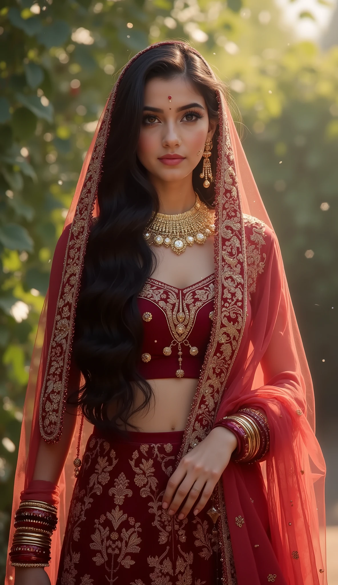 Digital painting,A stunning beautiful indian girl,pinkish white skin,glossy,long black hair,wearing maroon farshi lehnga with long length shirt for short height bride ,luxuries indian bridal dress,light flowing fabric cover her head,light bokeh,green garden,white fog,front view,sparkling,dreamy,full body