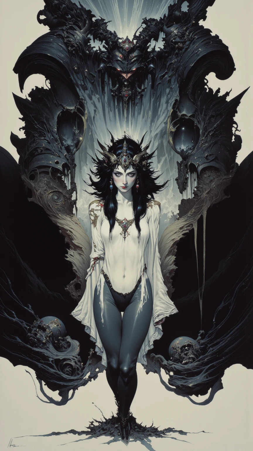 astraa_bv, woman sitting on ground, fantasy, dark sky, stars, 2 moons, ethereal,
(high quality, 8k, intricate details, HDR), perfect lighting, volumetric, ray tracing,
<lora:Astraa_Boris_Vallejo:1.5> <lora:Astraali_PencilHorror:0.6> (monochrome, line art, halftone, thick line art, heavy ink, flat colors, flat texture, comic book:1.6),