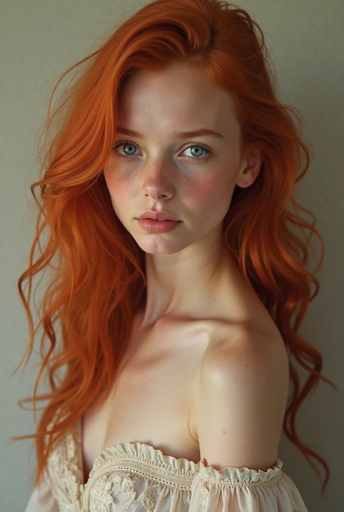 (8k, RAW photo, highest quality),(epic realistic:1.5), a girl, dynamic posture,erotic face,shirt,(detailed eyes:0.8),(looking at the camera:1.4), (highest quality), (best shadow),intricate details,cinematic,((skin:1.4)),interior, (long ponytail ginger hair:1.3),dark studio,(hdr:1.5),detailed, muted colors, frecklesTop quality, (bright lighting: 0.7), masterpiece, big angle shot, RAW photo (pale 19-year-old Irishwoman, looking up at the viewer), cute, (undressed, disheveled, with bright red matted hair), (sitting), full-length portrait, perfect face, captivating eyes, bright details, pouting lips, (high skin detail), freckles, medium breasts, hard, NSFW (blue tint: 0.6), (dirty: 0.8), (bloody: 0.7), Key lighting, (backlight: 0.5), medium depth of field, Canon 5D, 50mm lens, f/4 aperture, (ultra-detailed, complex detail), sharp focus, soft colors, 8k, absurd, 8mm film grain, war photography,flirting with camera