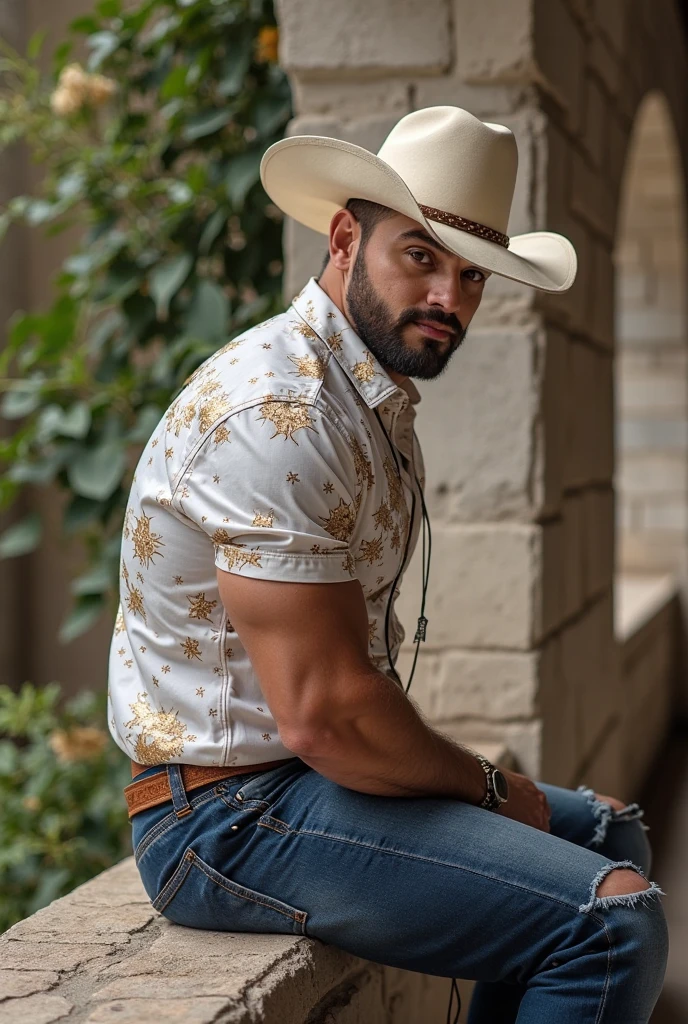 30 years, ojos grandes, hombre chino, rastrojo, pulgada blanca, huge muscles, exaggerated muscles, hombre maduro, muscle swelling, culturismo, Musculos pectorales, abdominales, muy nalgon , en un campo de flores de girasol, Muchos girasoles, chaqueta y chaleco, vaqueros, zapatillas, luz natural, collar de metal, piel color trigo, 1 hombre, de pie, aretes de hombre, tatuajes, Bubble butt, white jeans ajustados,