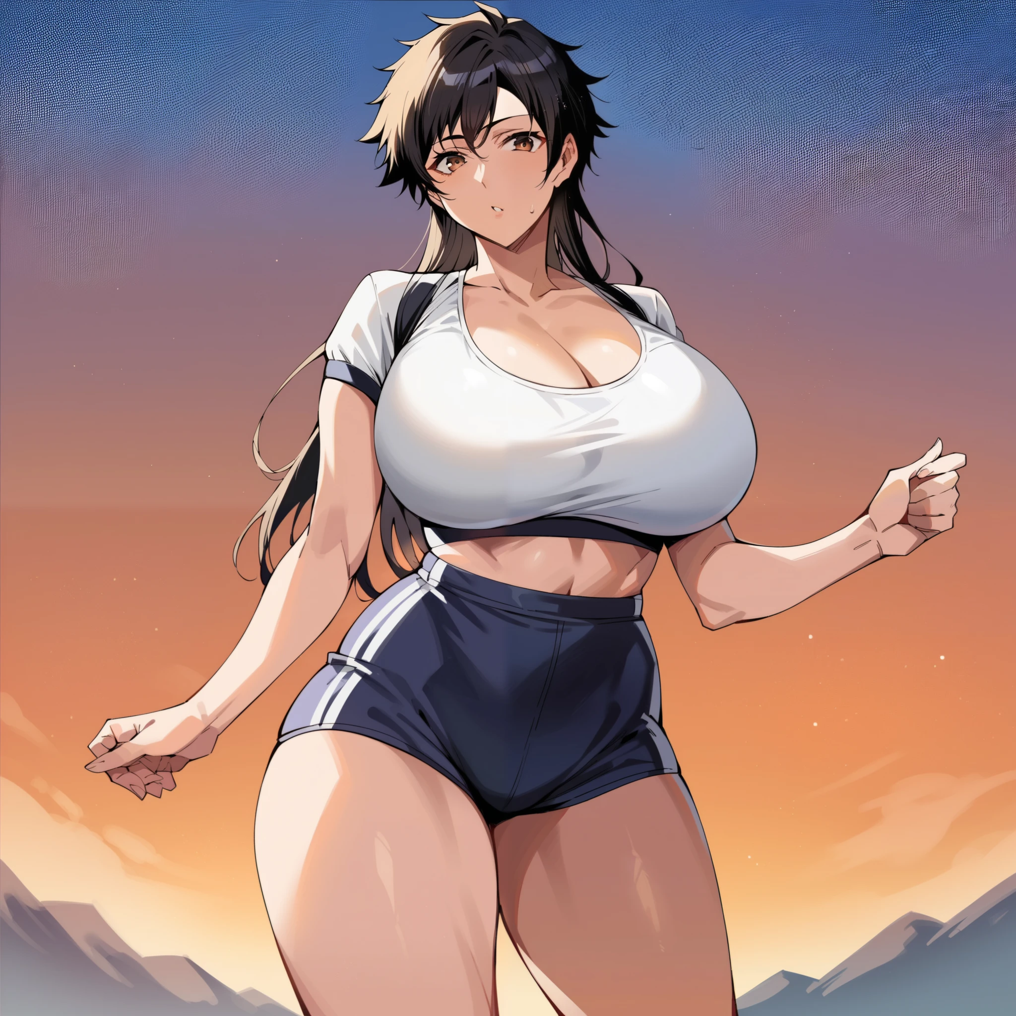 Big Breasts Anime Girl in Bikini Posing on Railing, Gym Chun-Li, thick, tits, honest shinka, Muscular!,  Big Breasts!, Muscular!!, [ 4k digital art ]!!, Big Breasts!!, have large breasts, Smooth anime CG art, tits proportions, have large breasts, honest