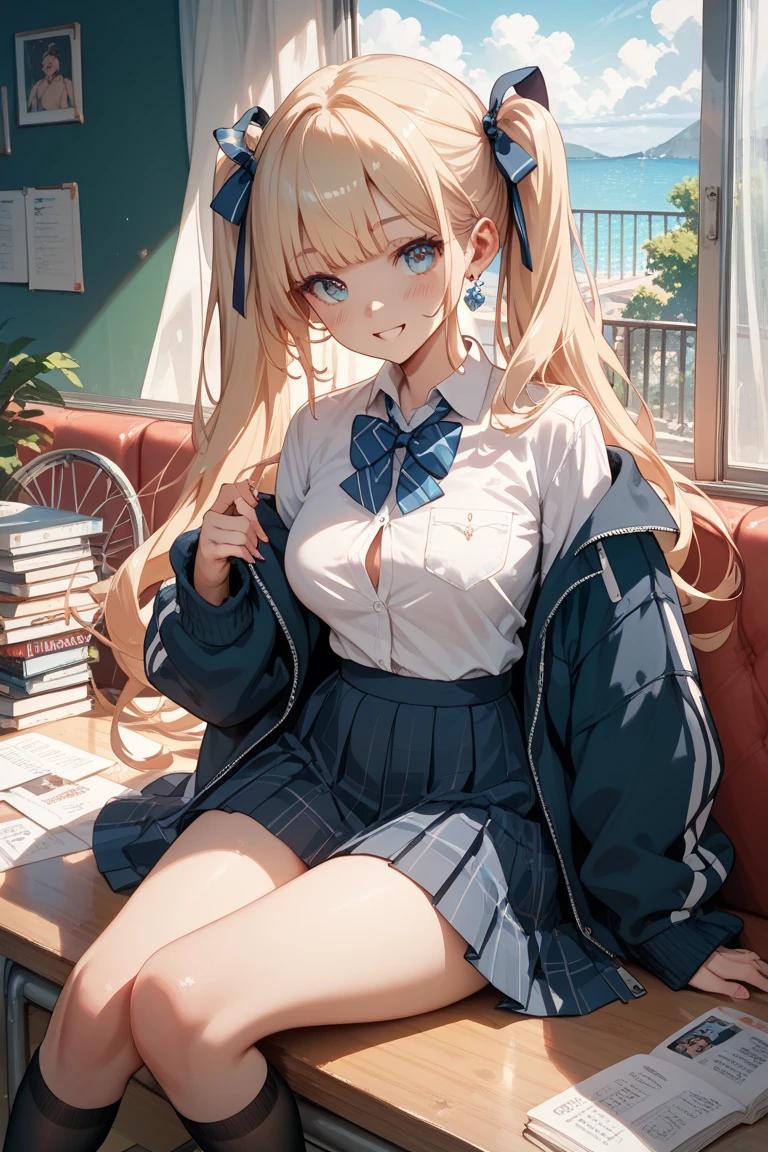 one-girl，ssmile，squinty eyes，a sailor suit，Junior high school student，Superskirt，blackstockings，Stockings，in the classroom