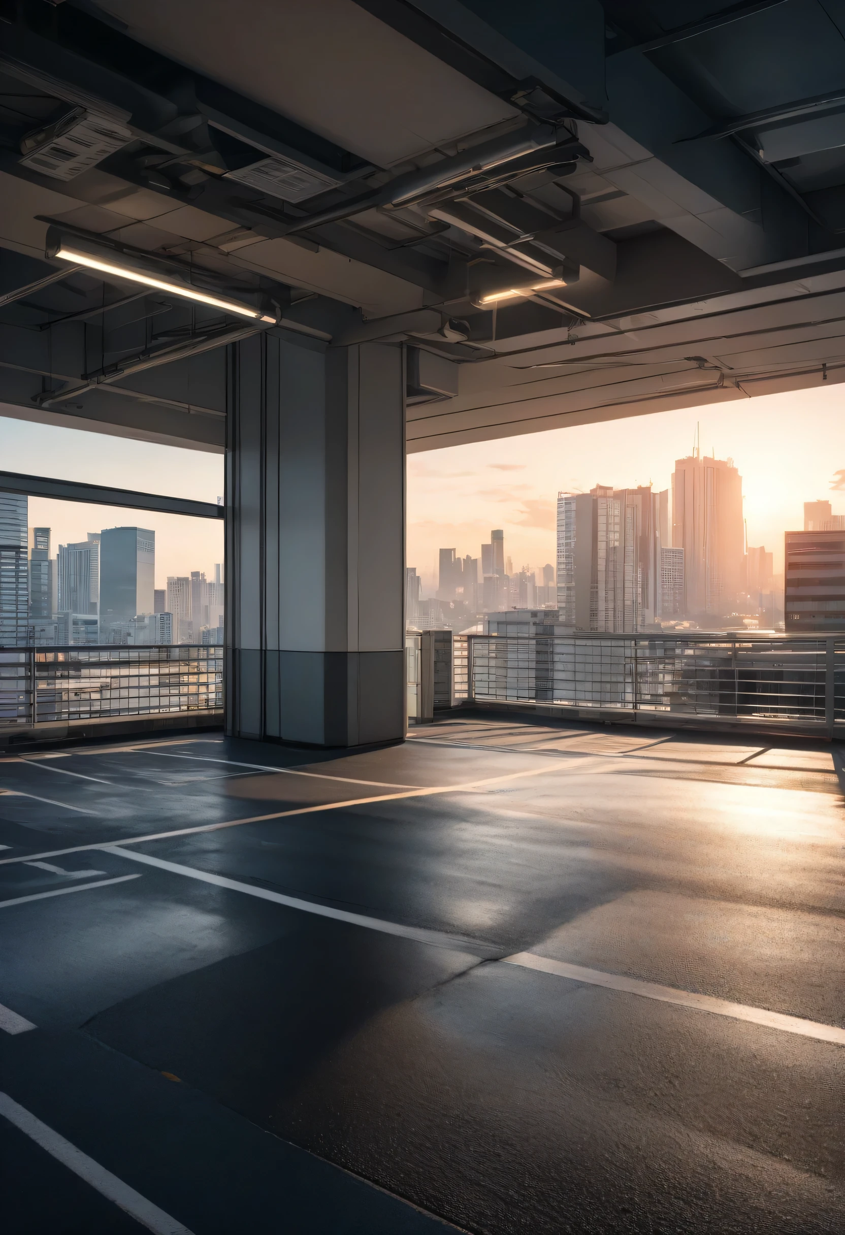 Masterpiece, better quality, High resolution, UHD, perfect pixels, depth of field, 4k, RTX, hdr)), view of a parking floor of an office building, the parking lot is on the fifth floor and you can see the buildings of the city of Tokyo, It's morning, mid-rise view
