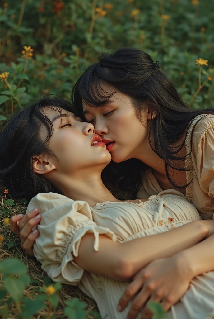(Best quality, 8k, 32k, Masterpiece, UHD:1.2) "Generate a captivating artwork featuring a young Japanese girl model with short, sleek black hair styled in a chic bob haircut. Envision her bathed in dramatic cinematic lighting, creating an atmosphere of allure and mystery. Emphasize a romantic aesthetic vibe, showcasing the model in a poised and elegant pose that evokes a sense of intimacy and sophistication. Utilize warm and soft tones to enhance the romantic ambiance, and consider incorporating elements like flowing fabrics or flowers to add a touch of ethereal beauty. Capture the essence of romance and beauty through the model's expression, the play of light and shadows, and the overall aesthetic, creating a visually compelling and emotionally resonant piece." (perfect eyes), flawless skin, flawless face, cinematic, tight body, ((well-proportion female hands)), ((female hands with five digits)) ((Body is well proportioned)), ((chic bob haircut)), soft focus ((Short Black Hair)), ((Lesbian)), ((Kissing))