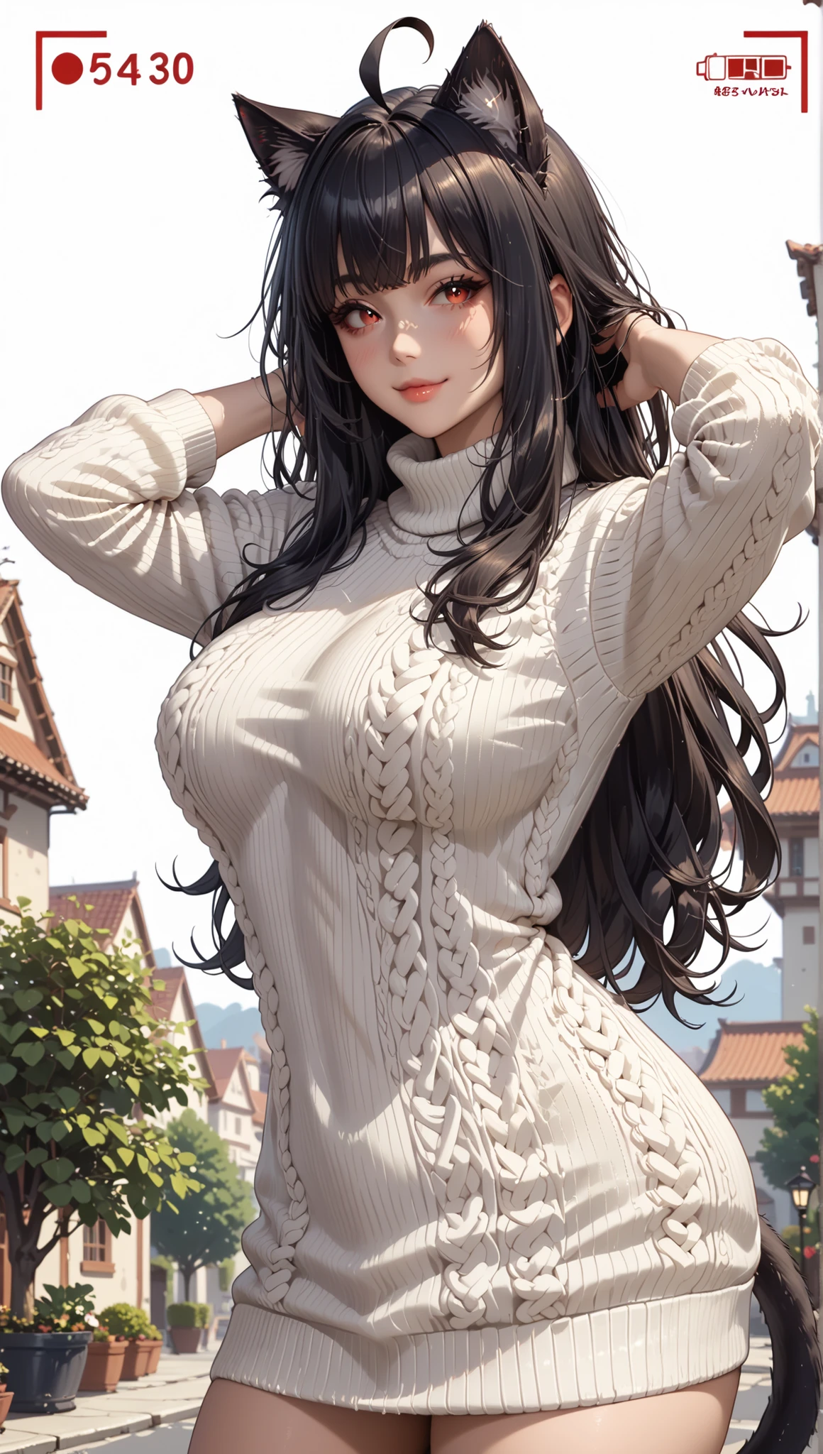 Masterpiece, better quality, amazing quality,
a girl, Alone , looking at the viewer, blushed, white background, mature girl,side view, Light smile background, seductive,
((cat girl, cat black ears)), (red eyes), (long hair), (( black hair, (Ahoge), straight bangs,)),,
virgin destroyer sweater ,Narrow points, Standing, Pose with arms behind your head, axila , court,side breasts,View in viewfinder, court,big breasts, thick thighs,
junkotvvxl (na Alone subir de nivel), anime screencap,Alone focus