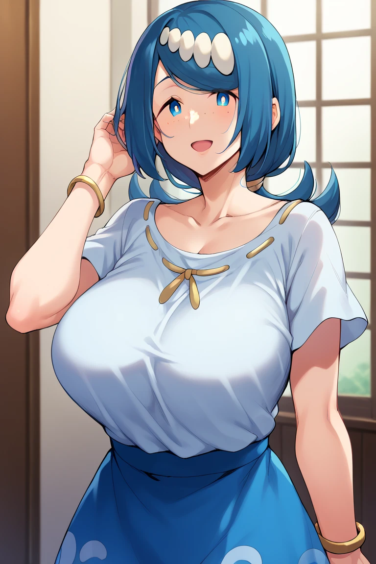 whole body, smile,smile,blush,Big Breasts ,One woman,Sexy pose, Showing nipples,Show your vagina,(orgasm:1.6),Blue Hair,Short Hair.Golden hair ornament,wool_pokemon,Sex,penis in the vagina,,