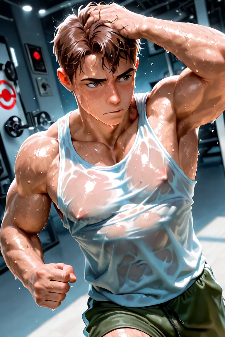 13 year old boy , topless , shirtless , cute baby face , solid body , muscular thighs with huge tendons , dripping sweat , wearing triangle panties , underpants bulging due to body parts genitals, white underwear (photo angle from bottom up)