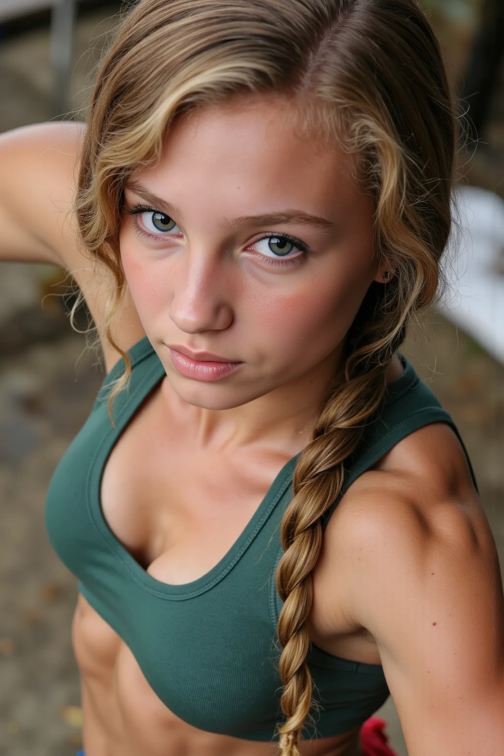 8K,Best quality, masterpiece, ultra high res, (photorealistic:1.4), raw photo, (Authentic skin texture:1.3), a highly detailed, cinematic photo shoot of a cute 9-year-old teen influencers with a mix of Christina Aguilera and Britney Spears facial features, barely green eyes, a few freckles. She has an tight body with medium breasts measurements 39-29-37 and a sweet and innocent look. The photo is taken in a from the side, 8k UHD, cropped tank top, booty shorts, nice thigh highs, small round ass, buenos senos, multicolored hair, twin braids, multicolored hair, soft lighting, film grain, pov, Nikon, high quality, UHD, highres, textured skin, super detail, anatomically correct