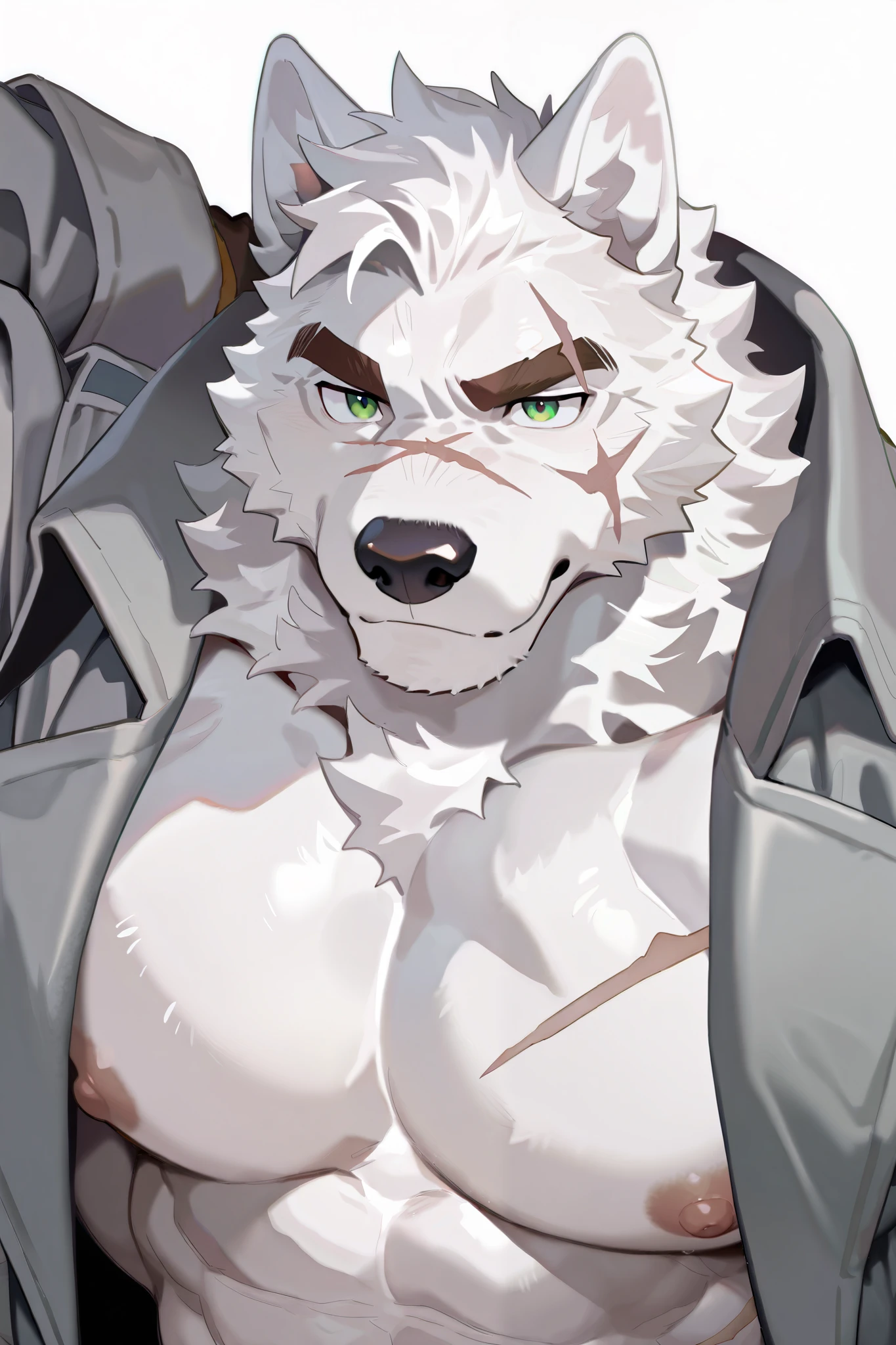 1 boy , alone, human furry , White Wolf, white fur, , Dark pattern , green eyes at the top of the head, eyes with scars, White hair,Brown eyebrows,Sturdy ,are muscular。
detective,grey coat。
confident gesture、
masterpiece, is the best quality,