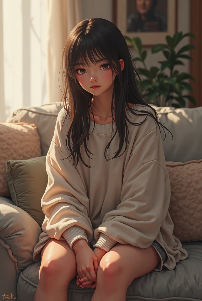 1 girl, short off-shoulder sweater, ((best quality)), ((masterpiece)), (detailed), young russian girl  sitting indoors ,spreading knees apart