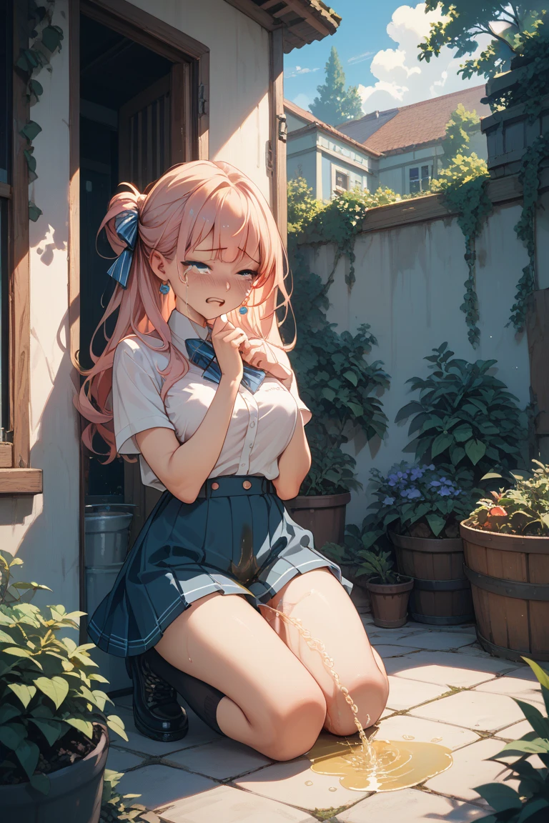 ((( 4k image)))1 woman, full body, in public square, hot nurse, silver hair, wearing white apron with pink details, open apron, squatting with legs open without panties showing her pussy (ultra realistic), without a bra showing her breasts, showing her pussy, little pubic hair, pink pubic hair, slightly pink white skin, beautiful lips, perfect mouth, pink eyes, wearing red sandals, perfect little feet, pink painted nails, holding a clipboard in one hand (long pink nails), holding a syringe in the other hand, orgasm face, clear liquid running down her pussy.