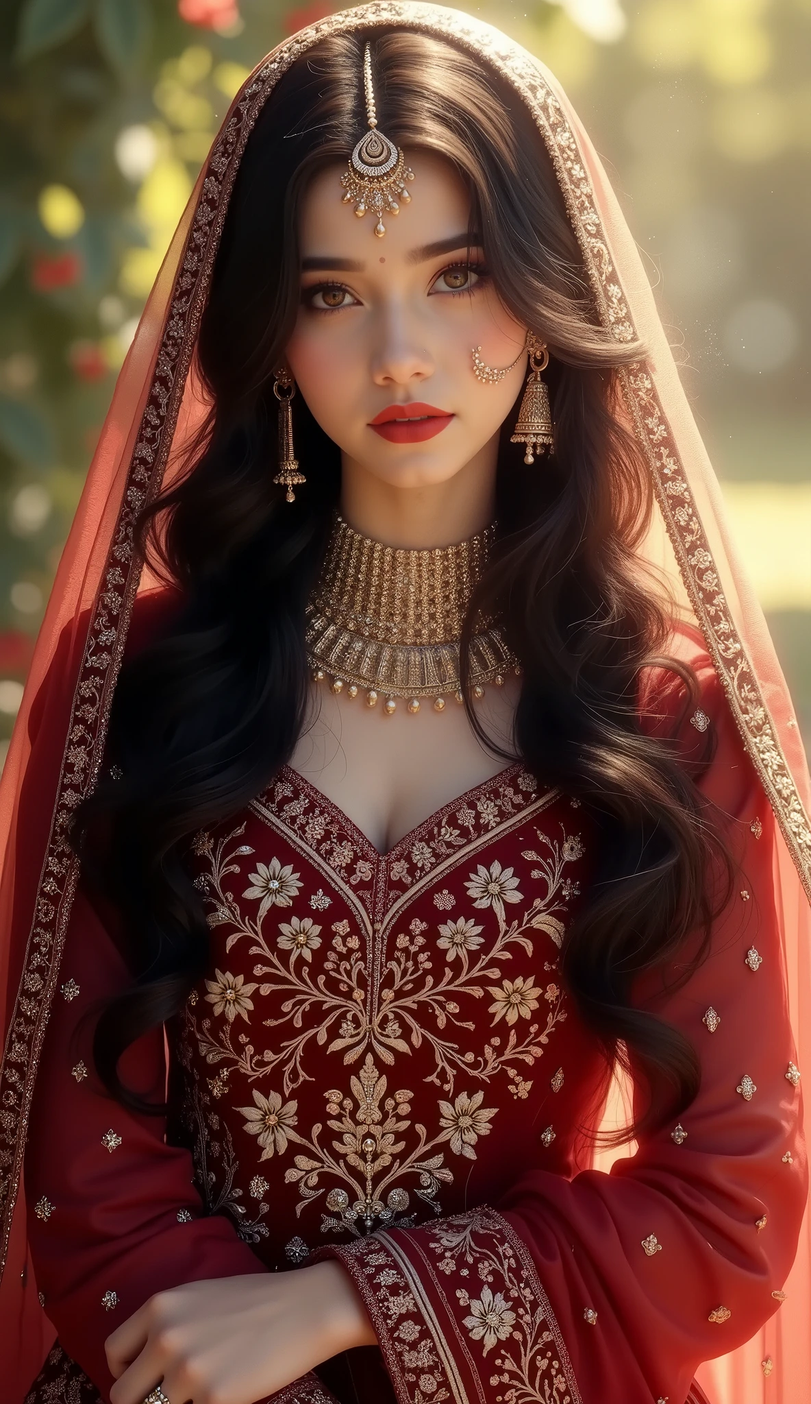 Digital painting,A stunning beautiful indian girl,pinkish white skin,glossy,long black hair,wearing maroon farshi lehnga with long length shirt for short height bride,intricate gold embroidery,luxuries indian bridal dress,light flowing fabric cover her head, glittering,blink blink,light bokeh,green garden,white fog,front view,sparkling,dreamy,full body
