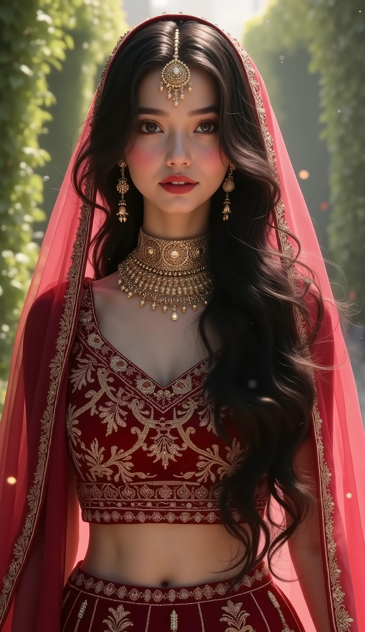 Digital painting,A stunning beautiful indian girl,pinkish white skin,glossy,long black hair,wearing maroon farshi lehnga with long length shirt for short height bride,intricate gold embroidery,luxuries indian bridal dress,light flowing fabric cover her head, glittering,blink blink,light bokeh,green garden,white fog,front view,sparkling,dreamy,full body