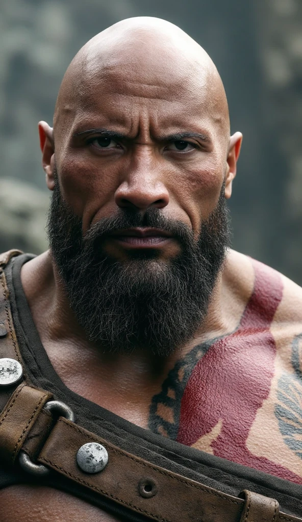 Man with tattoos and beard standing in the snow, com tatuagens de runa no rosto, Dwayne Johnson como Deus da Guerra, Sam Hyde em God of War 4, deus da guerra 2 0 1 8, Deus da Guerra, filme ainda de Deus da Guerra, barba viking, Personagem pequeno. Motor Unreal 5, Dwayne Johnson como Kratos