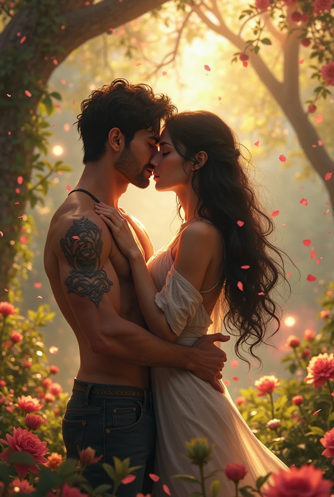 A boy and a girl hugging as a couple, The boy with a tattoo that says “Bell” in cursive and the girl with a tattoo of a shark in black