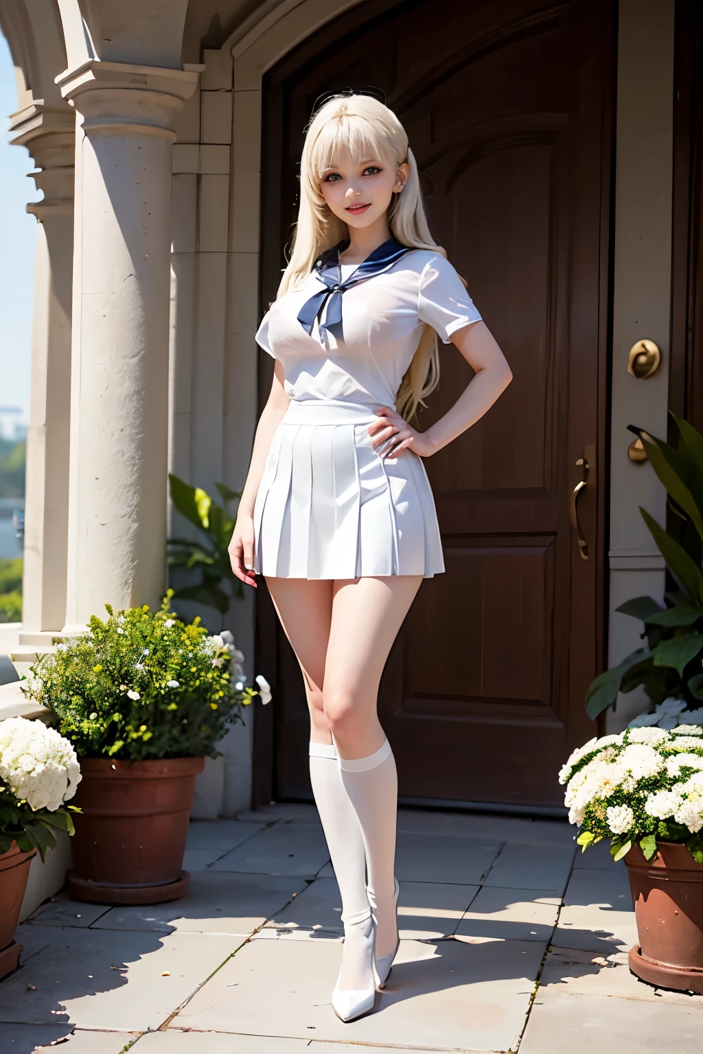  Full  Body Shot, daytime, masterpiece, One girl, Solo Exhibitions, Beautiful  girl with (Huge breasts:1.3),  (Huge erect nipple:1.2), (petite:0.9), Curvy Body, Beautiful (1 Girl:loli:1.5), 12yo,  Portrait, Beautiful and elaborate face, Porcelain-like skin, (((Full Body Shot, center, daytime, Platinum Blonde Hair, medium long hair, Bangs)), Very soft lighting, Full Shot, Symmetric, complicated, grace, Attention to detail, realism, art, concept art,  White Short sleeves Sailor (see-through:0/7)uniform, white pleated ultra high cut micro skirt, knee-high socks, white with lace trim, white pin high heels, Standing, Smiling to viewer, Spring flower garden