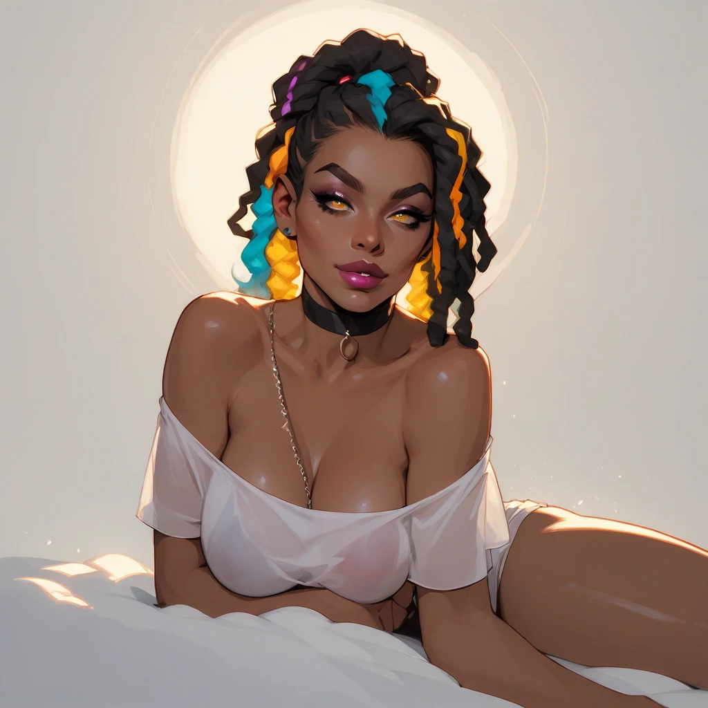 (uma preta bonita com olhos azuis+beautifull lips+afro braid:1.2) is in a room overlooking the beach. she is lying on the bed, Oeste --auto