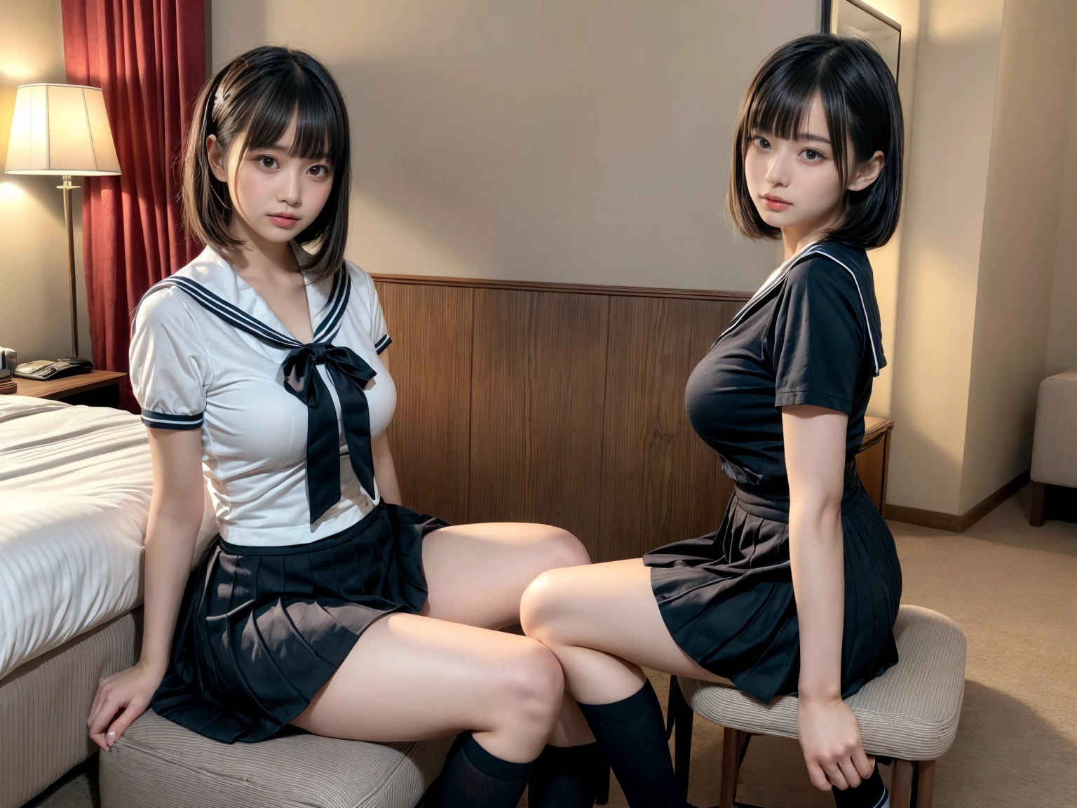 Highest quality,masterpiece,Ultra-high resolution, Very detailed, 8K,14 year old beautiful Japanese woman:1.5, Small face, Black short hair, blunt bangs, Breast Augmentation Surgery, (Junior high school uniform:1.5, skirt), chest tied with rope、 Sit in the classroom、 Hands tied with rope