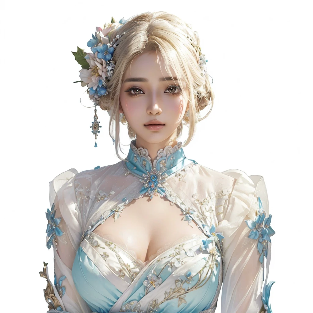 A tall and beautiful woman,Slender abs,Ice blue hair in loose wavy styling,Large breasts,Sexy lace lingerie white button shirt,With glasses cat ear lady cheongsam(The details in the facial and skin textures are beautifully rendered,Detailed eyes,二重まぶた