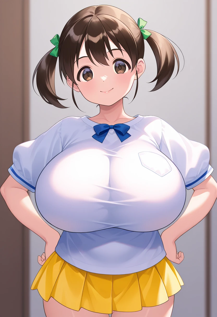 (masterpiece, best quality), 1girl,    deliaketchum, brown hair, (brown eyes:1.7), parted bangs, (ahoge:1.5), ponytail, low ponytail,crop top, mini shirt, pink mini shirt, short sleeves, mini skirt, blue mini skirt, mini skirt,enormous massive gigantic big large fat absurde breasts jupes remonté 