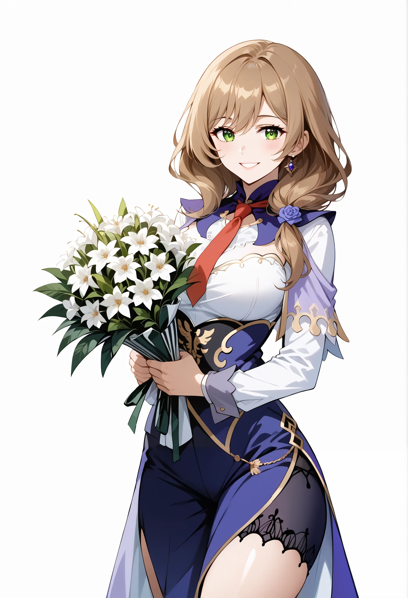 score_9, score_8_up, score_7_up, source_anime, 4K,perfect fingers,(perfect hands, perfect anatomy),prefect lighting, very aesthetic, intricate details,highly detailed background, masterpiece, high quality, best quality,
1girl,Solo,lisaminci, lisa minci, brown hair, green eyes, long hair, low tied hair, large breasts,,
wearing ((suit and tie with a red tie on her neck, )),,
((White plain background:1.5)) , looking at viewer, smile, (perfect hands, perfect anatomy),cowboy shot, filed, high thigh individual , fullbody,Stand up,((front look:1.5)),(Holding a bouquet of white flowers in both hands:1.5), (Hands hide with flowers),