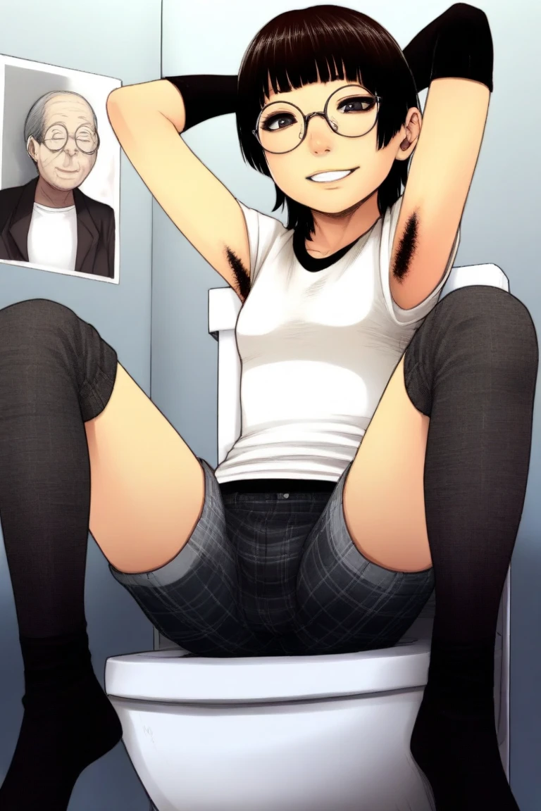a 28-year-old girl resembling a gogo tomago with an already developed body and messy black hair at shoulder length with a purple lock, a closed, confident smile, wearing a denim jacket with fabric sleeves with a black top and Tight navy blue pants and long high-heeled boots, she is in a school bathroom with rays of sun coming out of a window, she smokes a cigarette and leans against a door looking at the camera., comic style, dark colors, Futanari, huge cock,
