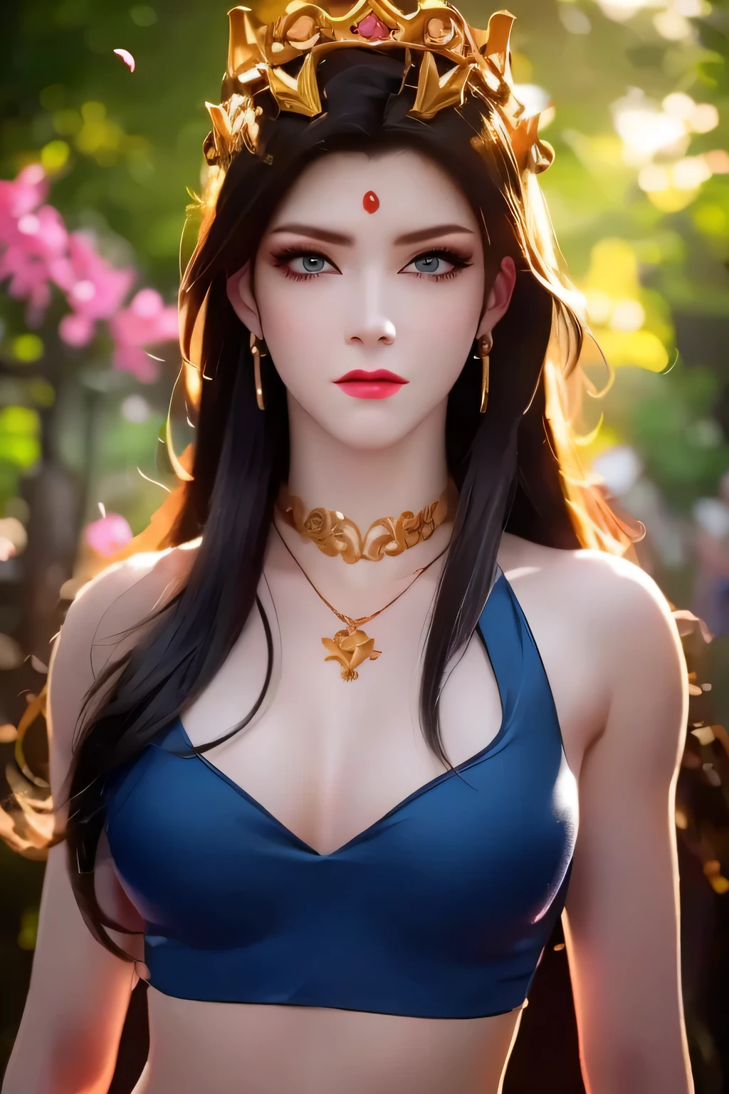 One 20 year old girl, breast 1.1, navel,upper body,bare shoulders,wears red tube top,red skirt, blue gems,shiny skin,hand in own hair,(mature female),milf, beautiful cai lin, deep blue eyes, jet black long hair, 8k resolution high quality,background: around the garden surrounded by Sakura trees with fluttering sakura petals, from head to thighs, hourglass figure, bare round shoulders, exposed midriff, a tilak on her forehead,ornamental logo on her forehead, snake crown, necklace, earings with blue gem, long black hair bangs, pointy ears,golden bracelet,Bright lightening under the sun through sakura canopy. High quality 16k resolution,( HDR :1.5), cinematic look, ultra-detailed,ultra lightening, (photorealistic :1.2), long thin straight eyelashes, dense black eyelashes,sharp eyes, diamond shaped head, straight nose, closed heart shaped lips, lean in pose, front view pose looking at viewer, sexy, strict icy expression