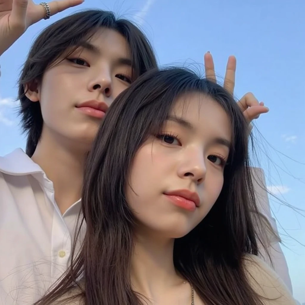 casal araffe tirando uma selfie em um parque com um campo verde, Kim Taehyung, 😭🤮 💔, lovely couple, Kim Jennie, por Kim Taehyung, Suave em _ o fundo, por Kim Taehyung, kim jennie, 8k)), imagem vazada, Ulzzang, com ela longa