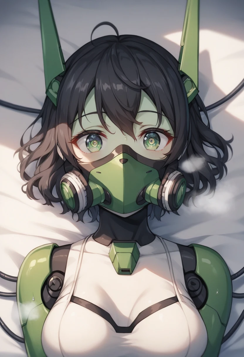 最high quality of wavy lines非常にdetails, details, high quality of wavy lines, 最high quality of wavy lines, high resolution, 1080P, hard disk, beautiful,(There are wires and cables connected to the head and body of the combat machine ),( perfect headgear ),See the whole picture,beautifulサイボーグ女性,dark green mecha cyborg girl,BATTLE MODE,Mecha Body Girl　 8k Dark Green Body Armor 　elementary school girl　Sweaty face　dull eyes　short hair　 Gas Mask with Extended Nozzle　boyish　steam coming out of her head　 My hair is wet from sweat　black hair,  steam coming out of my mouth 　Lying On Bed　 Does Not Expose Skin Under Face 　smile