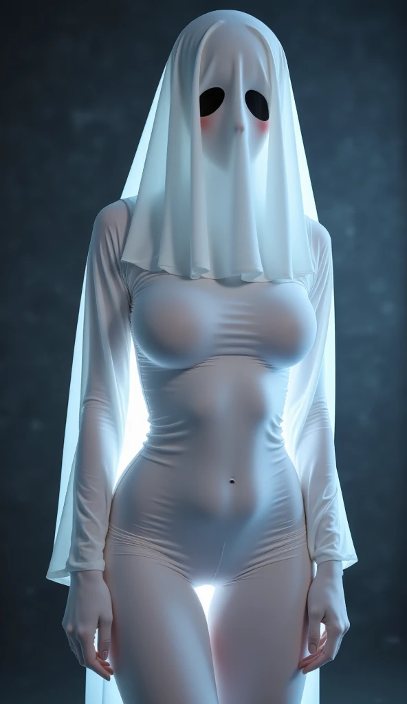 (Sexy busty) (realistic)+++ woman with (gigantic breasts)+++ and (very long hair)+++ (in eyeless faceless ghost sheet costume)+++ (head covered)+++ (face covered)+++ (body covered)+++ (long sleeves)+++ (long gloves)+++