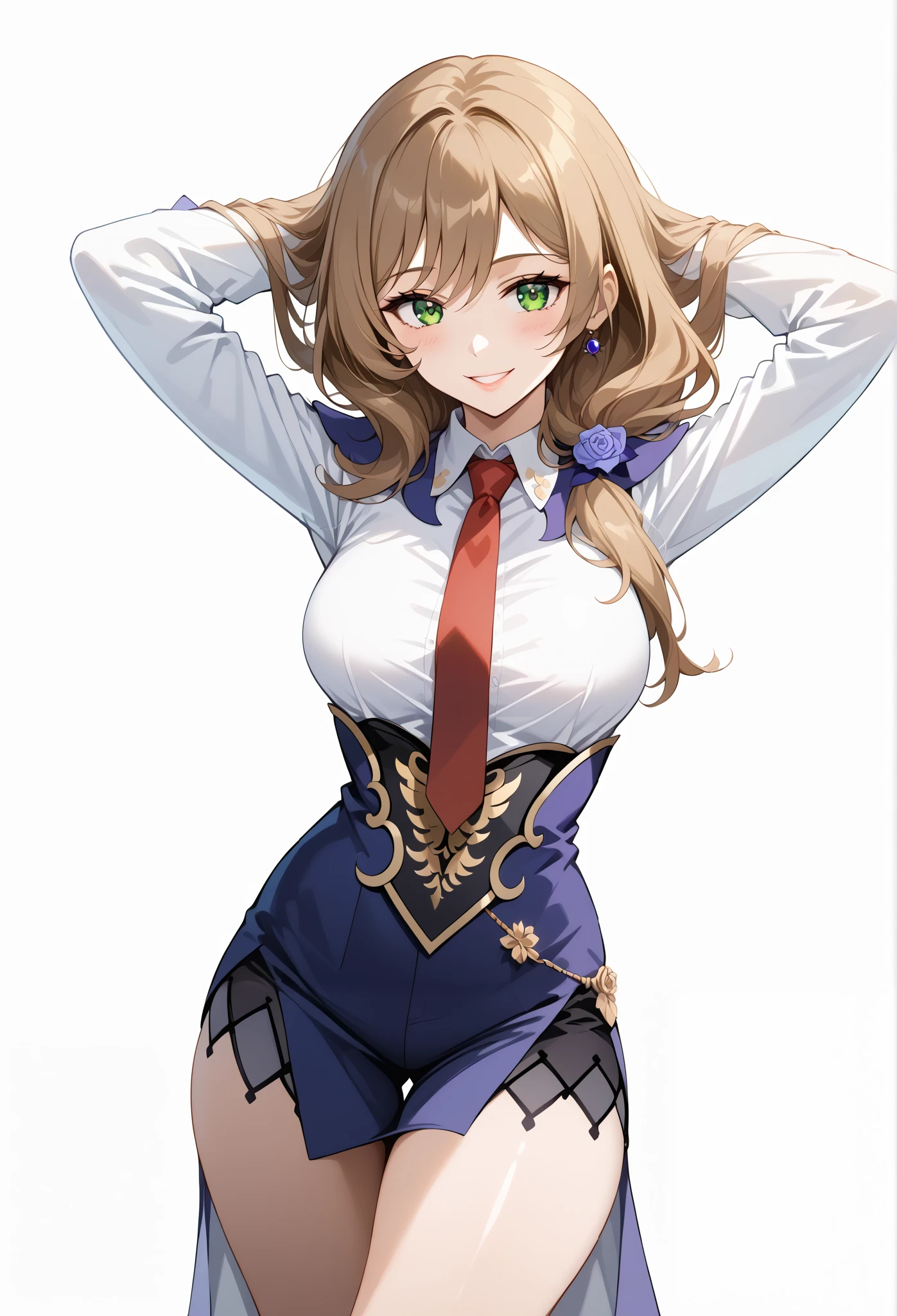 score_9, score_8_up, score_7_up, source_anime, 4K,perfect fingers,(perfect hands, perfect anatomy),prefect lighting, very aesthetic, intricate details,highly detailed background, masterpiece, high quality, best quality,
1girl,Solo,lisaminci, lisa minci, brown hair, green eyes, long hair, low tied hair, large breasts,,
wearing ((suit and tie with a red tie on her neck,  )),,
((White plain background:1.5)) , looking at viewer, smile, (perfect hands, perfect anatomy),cowboy shot, filed, high thigh individual , fullbody,Stand up,((front look:1.5)), ((hands behind head:1.5)), 