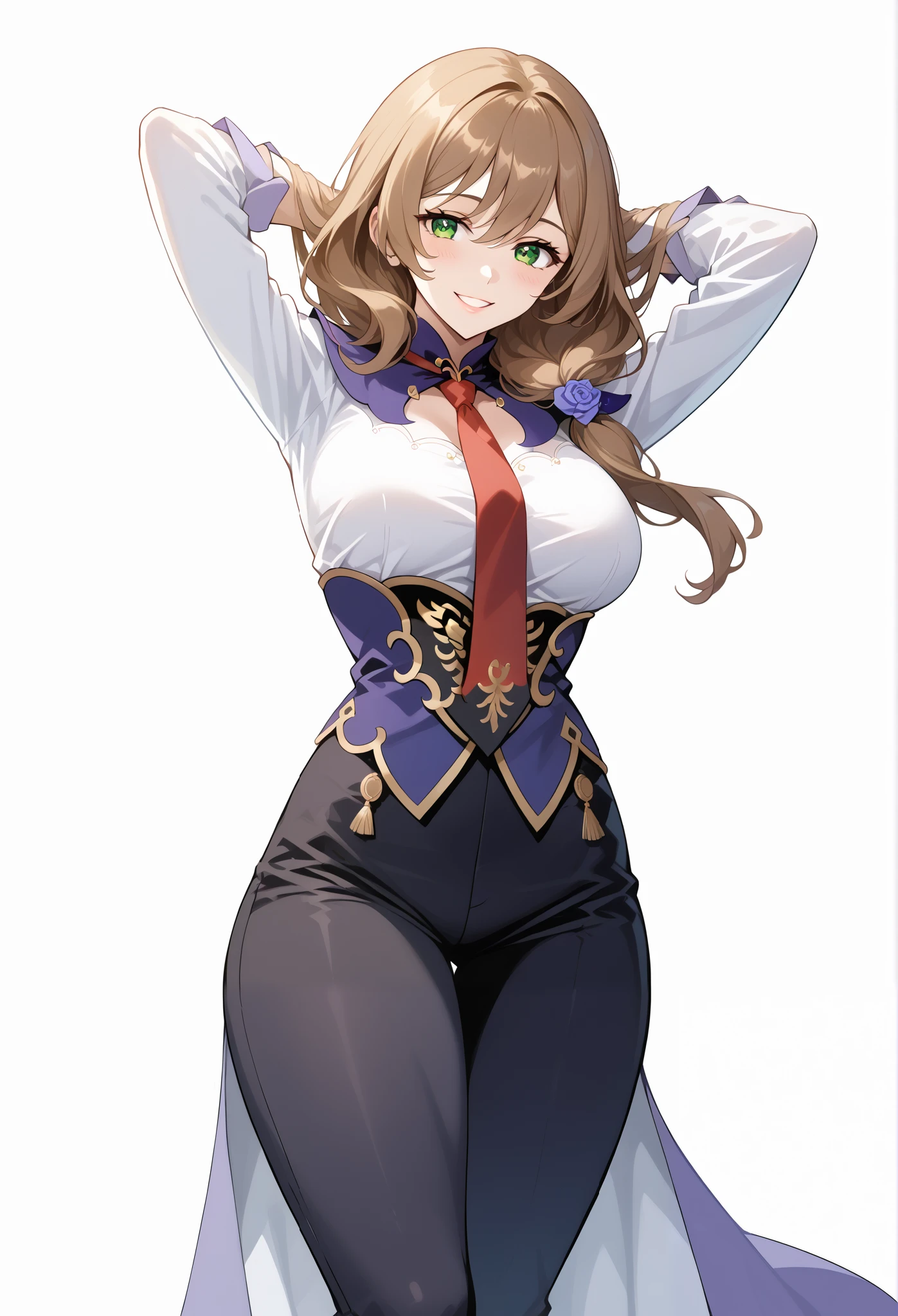 score_9, score_8_up, score_7_up, source_anime, 4K,perfect fingers,(perfect hands, perfect anatomy),prefect lighting, very aesthetic, intricate details,highly detailed background, masterpiece, high quality, best quality,
1girl,Solo,lisaminci, lisa minci, brown hair, green eyes, long hair, low tied hair, large breasts,,
wearing ((suit and tie with a red tie on her neck, )),,
((White plain background:1.5)) , looking at viewer, smile, (perfect hands, perfect anatomy),cowboy shot, filed, high thigh individual , fullbody,Stand up,((front look:1.5)), ((hands behind head:1.5)),