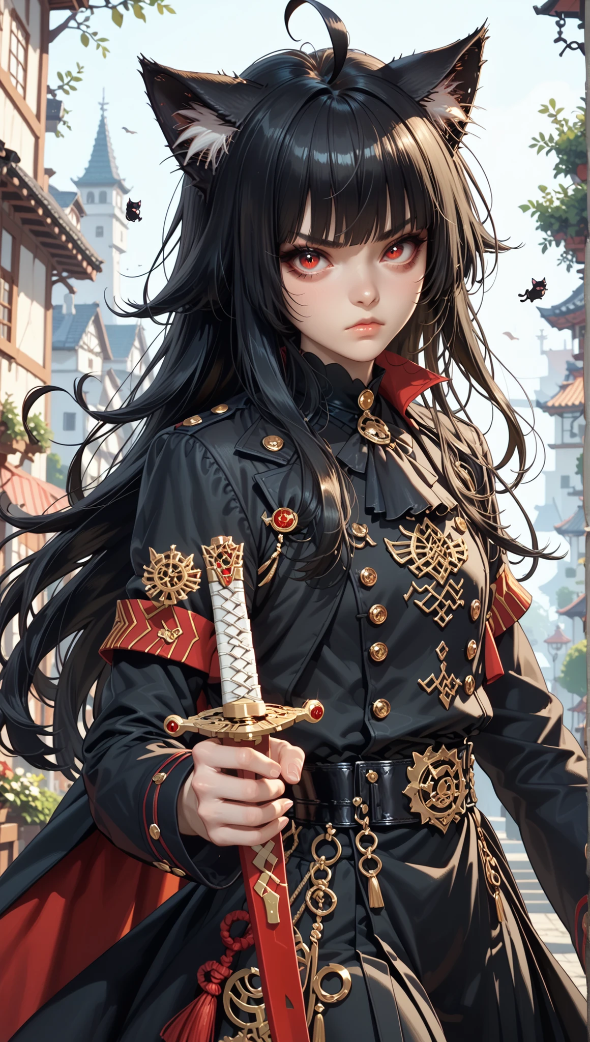 1 girl, (feminine approach), Alone , 1 girl, Ichigokurosaki , ((cat girl, cat black ears)), (red eyes), (long hair), (( black hair, (Ahoge), straight bangs,)),, (Shinigami costume), combat position, holding its sword , serious guy, The lighting is strong and soft for the strong aura of the scene, anime screencap