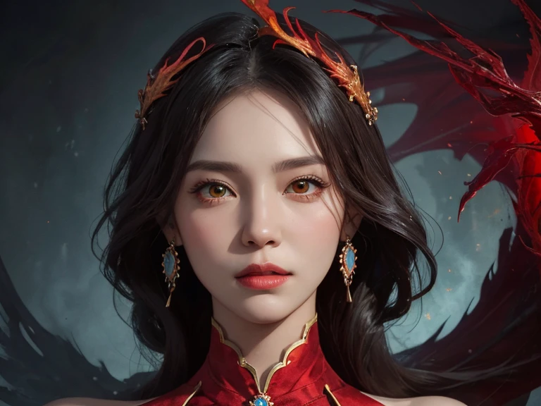 1 heroine, 1 beautiful princess, In the Dark: 1.6), surreal female portrait by David Hockney and Alphonse Mucha, fantasy art, korea doll, photorealism, dynamic lighting, artstation, poster, volumetric lighting, very detailed faces, 8k ultra, all body, Awarded, in the dark, deep shadow, low key, cowboy lens, (Red phoenix dress: 1.4), long hair, black hair, bust, luxurious palace, Royal style, Princess crown, Big round black eyes, style Royal, The most beautiful face, big and regular breasts, Super realistic,