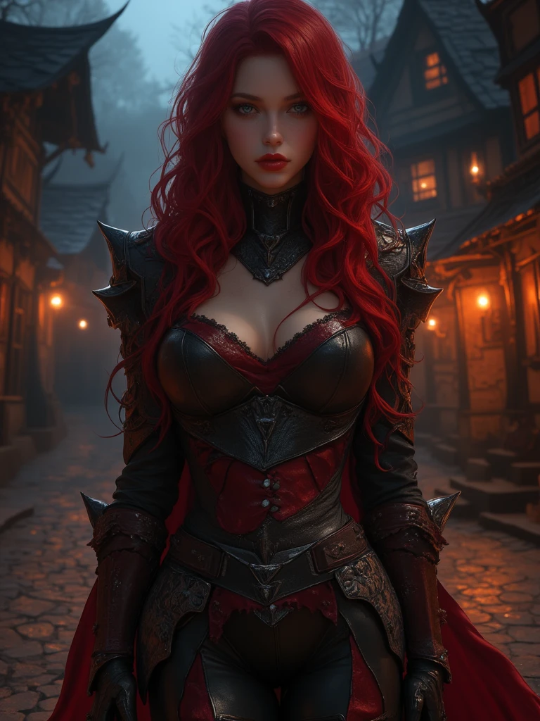 Close-up of a redhead woman in a sexy black dress, dark Fantasy style art, 4k fantasy art, gothic fantasy art, epic fantasy art portrait, 8k fantasy art, Dark Fantasy Art, Dark Fantasy Artwork, Fantasy style art, Fantasy Concept Art Portrait, epic Fantasy style art, Stylized urban fantasy art, Epic fantasy digital art style, HD fantasy art